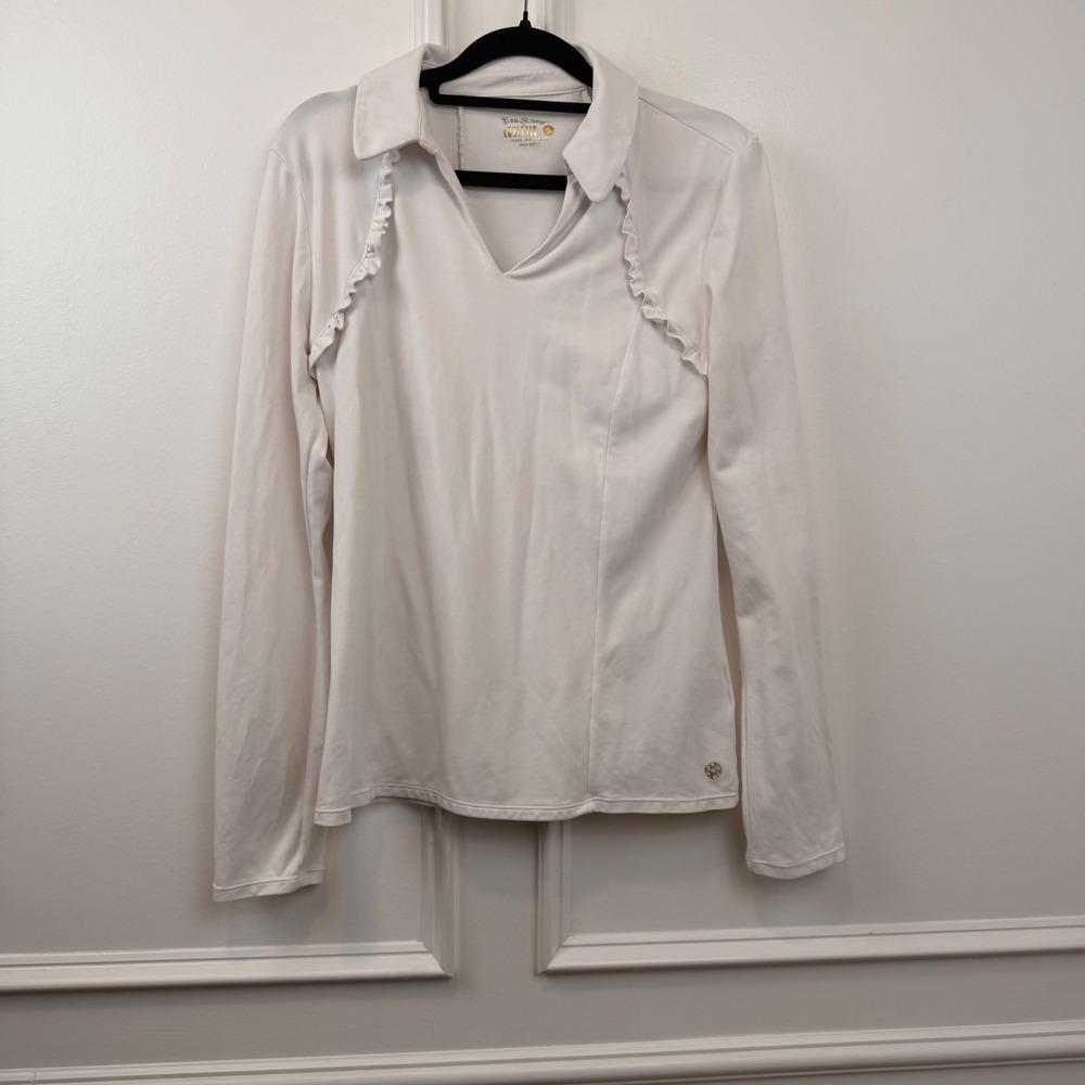 Lilly Pulitzer Luxletic White Ruffle Long Sleeve Polo‎ Top UPF 50+ Meryl Nylon S